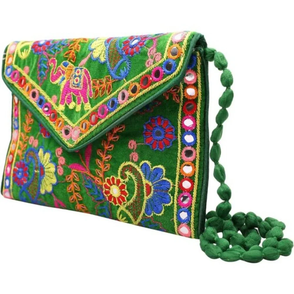 Rajasthani Embroidered Clutch Bag for Women Mini Crossbody Green Wedding Purse - Picture 3 of 6
